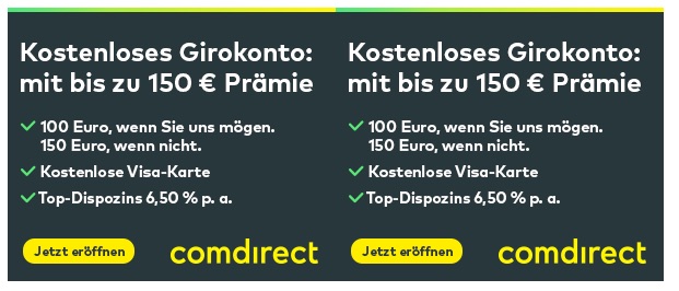 comdirect免费账户,最高可获赠150欧+免费信用卡,可全球免费取款!