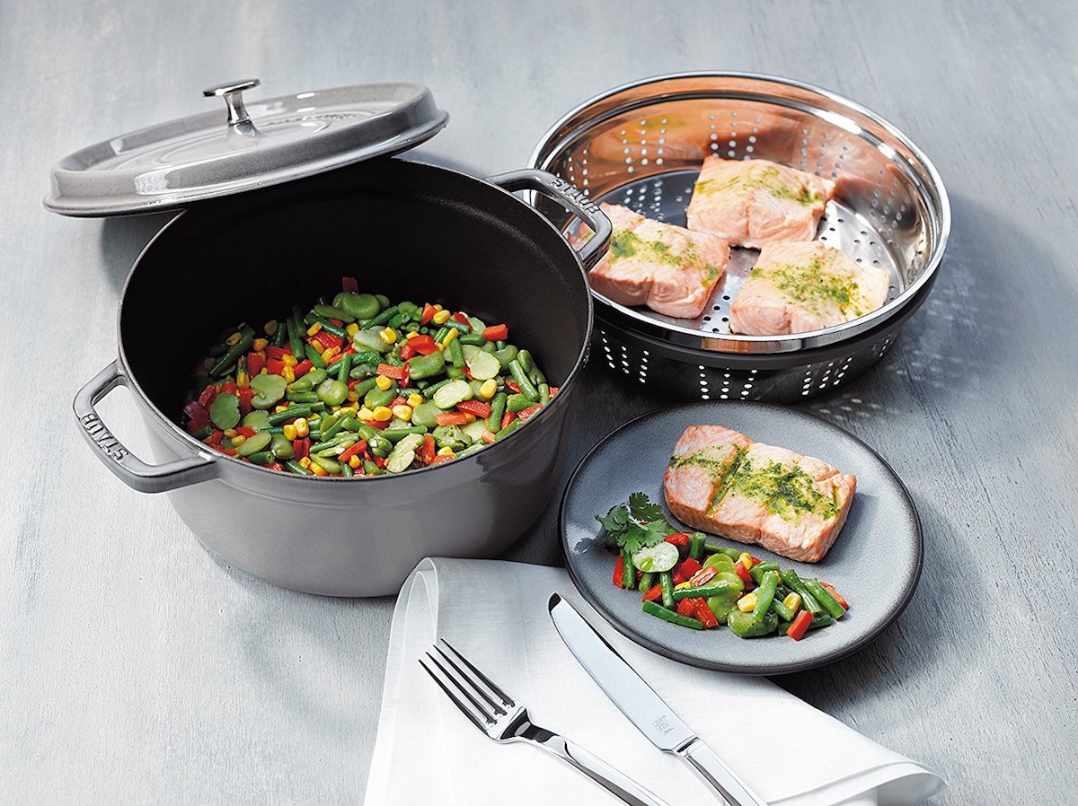 STAUB Cocotte 优雅质感大象灰珐琅锅 26cm 5.2L 带蒸屉 原价239欧,到手129.99欧特价!
