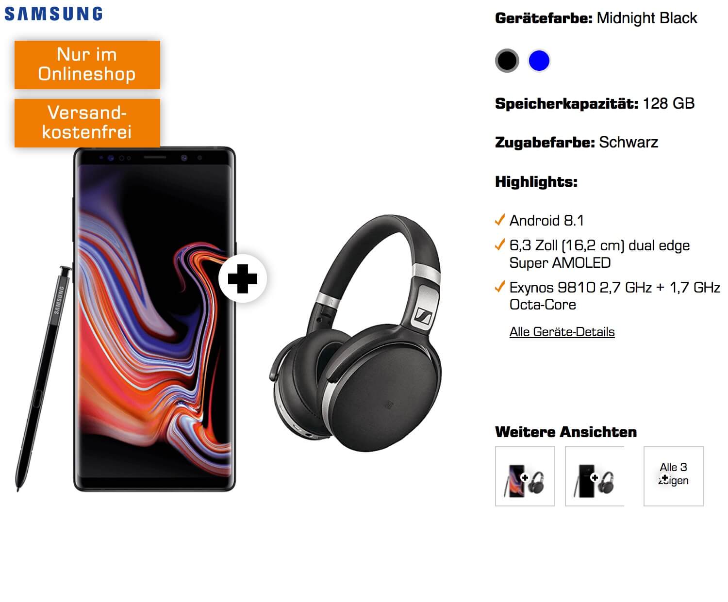 三星 Galaxy Note9 128GB 智能手机 + Sennheiser HD 4.50 蓝牙耳机超值合同 月租只要29.99欧，一次性购机费49欧 ！