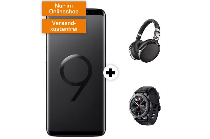 Samsung Galaxy S9 + 智能手表 46mm BT + Sennheiser HD 4.50降噪耳机，4GB流量+电话短信，月租只要31.99欧，一次性购机费49.99欧 ！