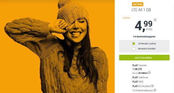 推荐手机合同！包月德国境内网络电话/短信+1GB上网，欧盟漫游，月租只要4.99欧+免接通费！原价6.99欧！