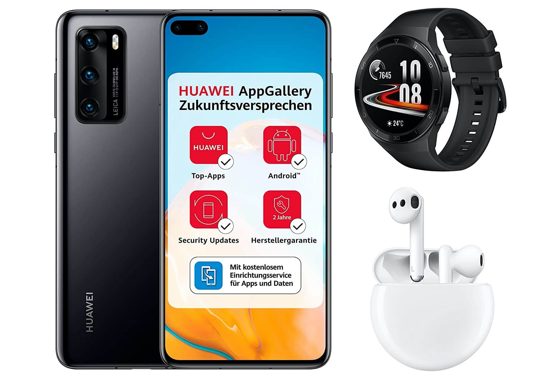 华为 P40 智能手机128GB 暗夜黑 6.1寸双打孔屏 超感知徕卡三摄 + Watch GT 2e + FreeBuds 3耳机,到手799欧,原价1,107欧!!