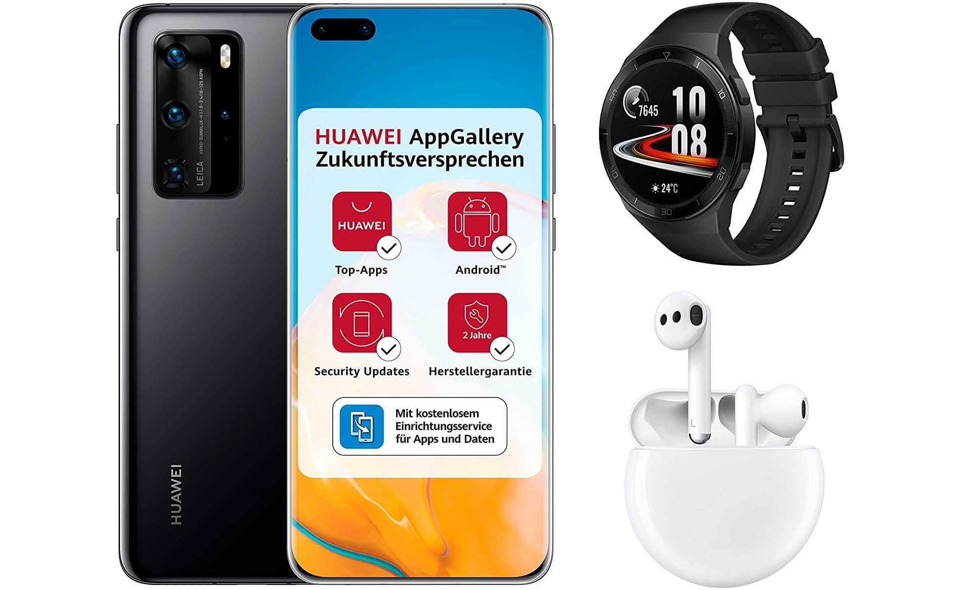 华为HUAWEI P40 Pro 旗舰智能手机 6.58寸OLED屏幕 麒麟990 5G处理器 256GB 暗夜黑+ Watch GT 2e + FreeBuds 3耳机，到手999欧，原价1,307欧！！