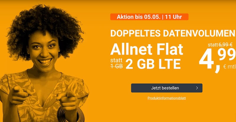 推荐手机合同！包月德国境内网络电话/短信+2GB上网，欧盟漫游，月租只要4.99欧+免接通费！原价6.99欧！