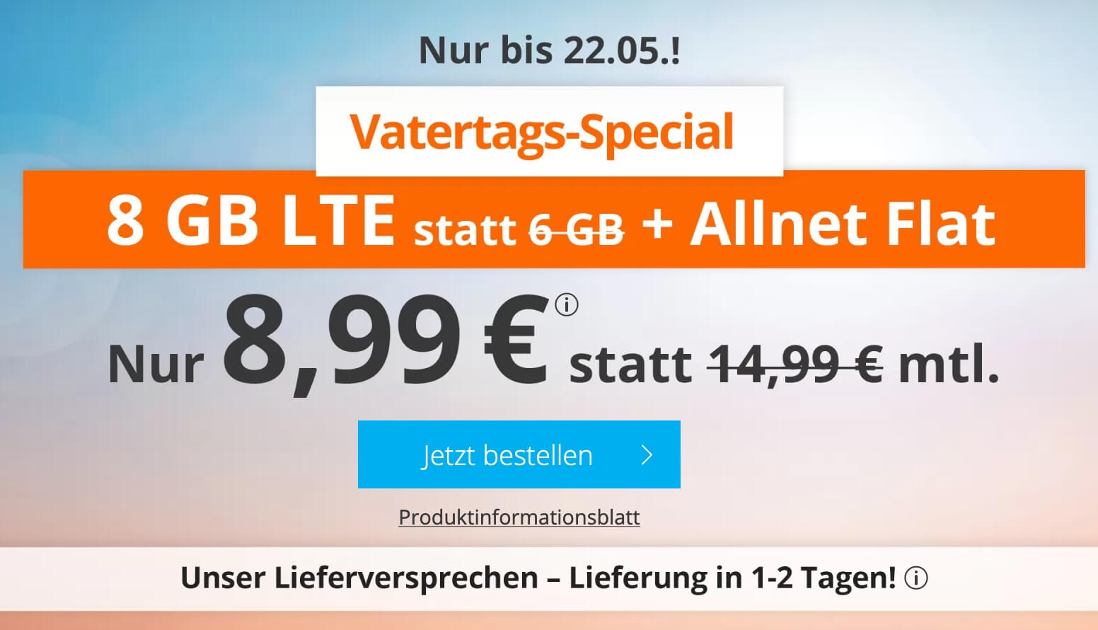 sim.de父亲节手机合同特价!O2网络包月电话+短信+8GB流量现在只要8.99欧!原价14.99欧!
