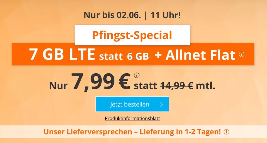 sim.de Pfingst节日手机合同特价!O2网络包月电话+短信+7GB流量现在只要7.99欧!原价14.99欧!