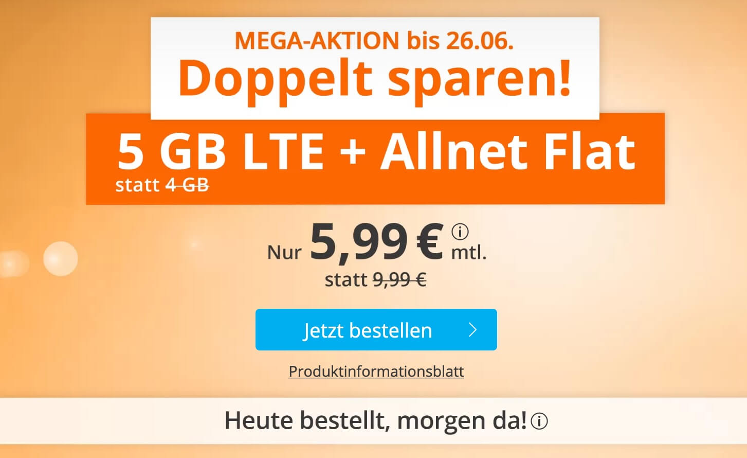 sim.de手机合同特价!O2网络包月电话+短信+5GB流量现在只要5.99欧!无开通费!原价9.99欧!