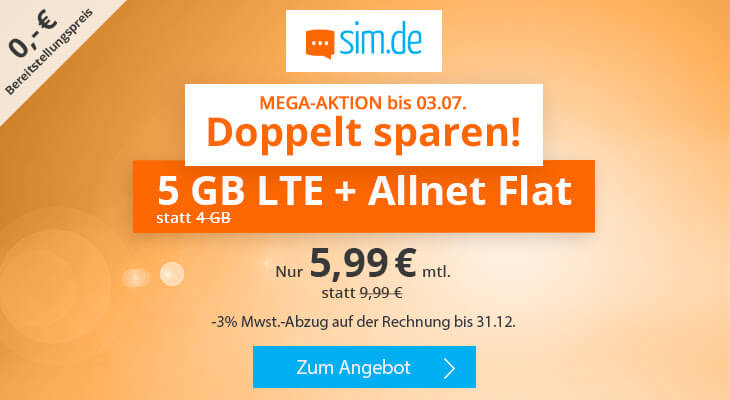 sim.de手机合同特价!O2网络包月电话+短信+5GB流量现在只要5.99欧!无开通费!原价9.99欧!