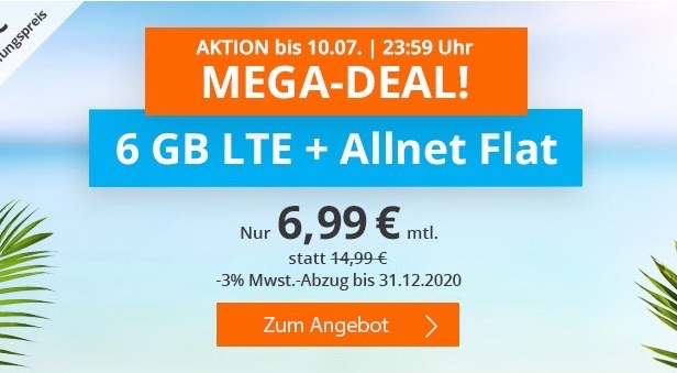 sim.de手机合同特价！O2网络包月电话+短信+6GB流量现在只要6.99欧！原价14.99欧！无开通费！