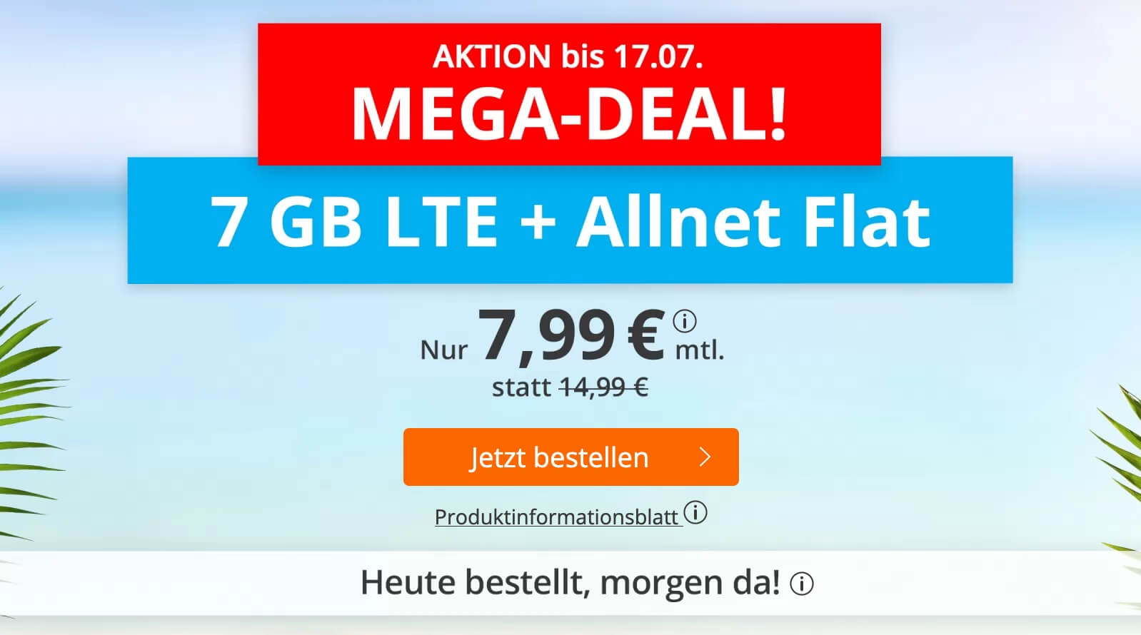 sim.de 手机合同特价!O2网络包月电话+短信+7GB流量现在只要7.99欧!原价14.99欧!