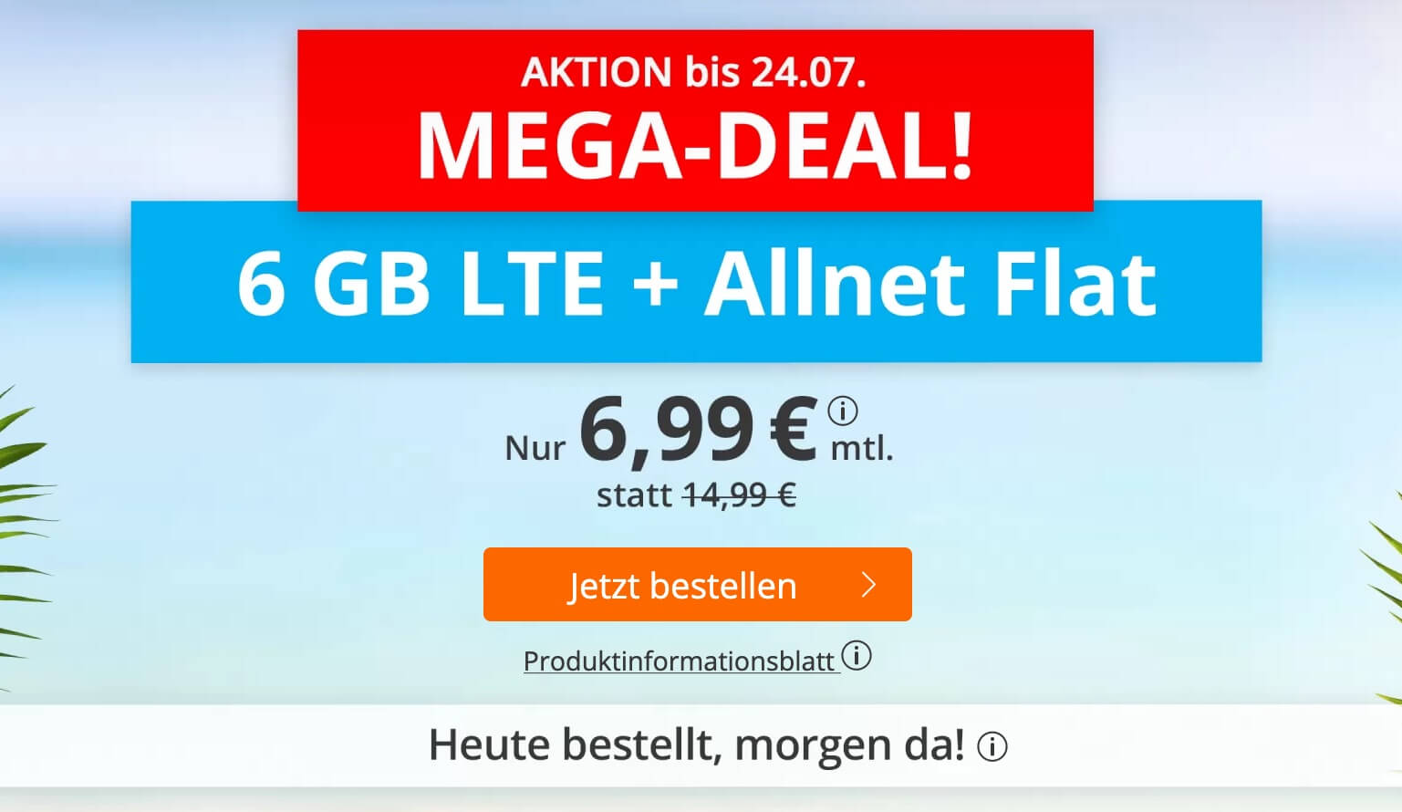 sim.de 手机合同特价！O2网络包月电话+短信+6GB流量现在只要6.99欧！原价14.99欧！