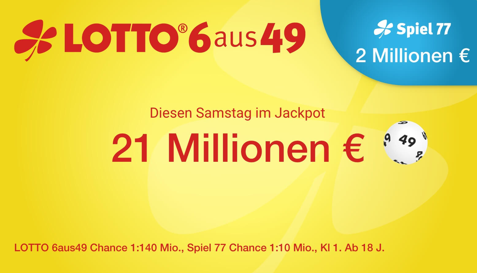 德国乐透 Lotto 49选6 奖金累计2100万欧元!周六晚上开奖!超丰厚奖金,不来试试运气?