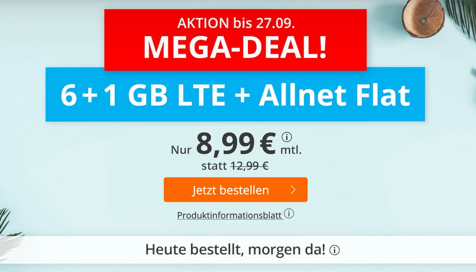 sim.de手机合同特价!O2网络包月电话+短信+7GB流量现在只要8.99欧!原价12.99欧!无开通费!