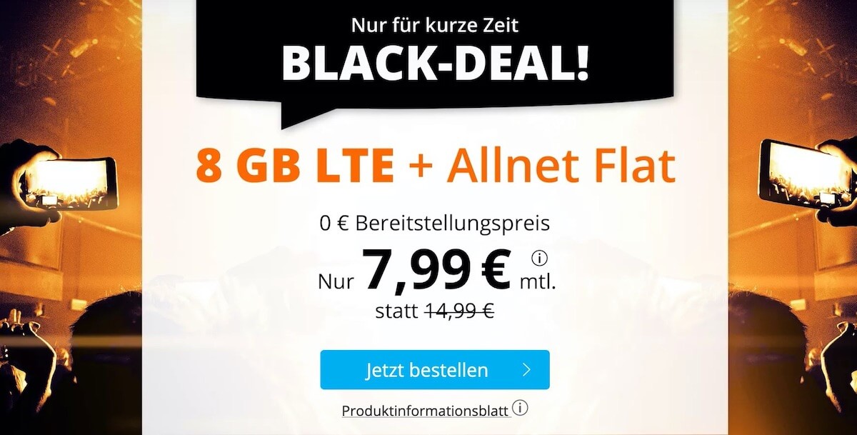 sim.de黑五手机合同特价!O2网络包月电话+短信+8GB流量现在只要7.99欧!原价14.99欧!无开通费!