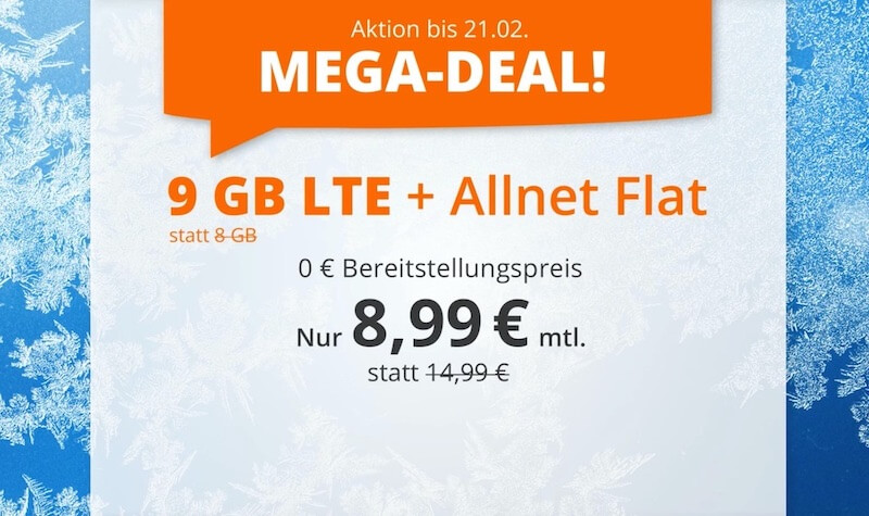 O2网络包月德国境内网络电话/短信+9GB上网,欧盟漫游,到手8.99欧,原价14.99欧!!