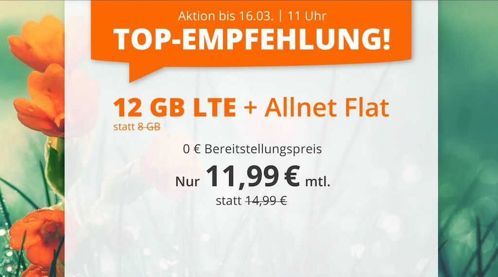 O2网络包月德国境内网络电话/短信+12GB上网，欧盟漫游，到手11.99欧，原价14.99欧！！