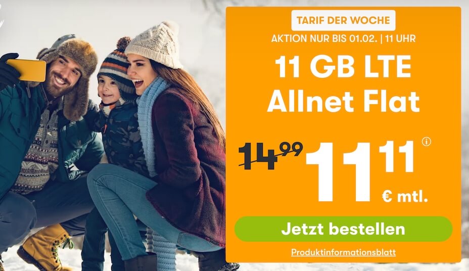 O2网络包月德国境内网络电话/短信+11GB上网,欧盟漫游,到手11.11欧,原价22.99欧!!