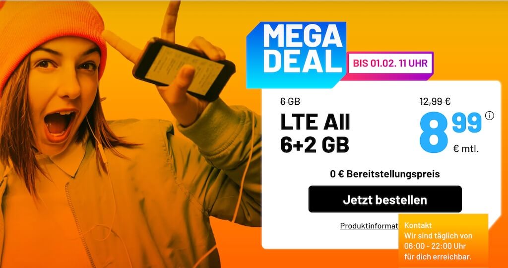 O2网络包月德国境内网络电话/短信+8GB上网,欧盟漫游,到手8.99欧,原价12.99欧!!