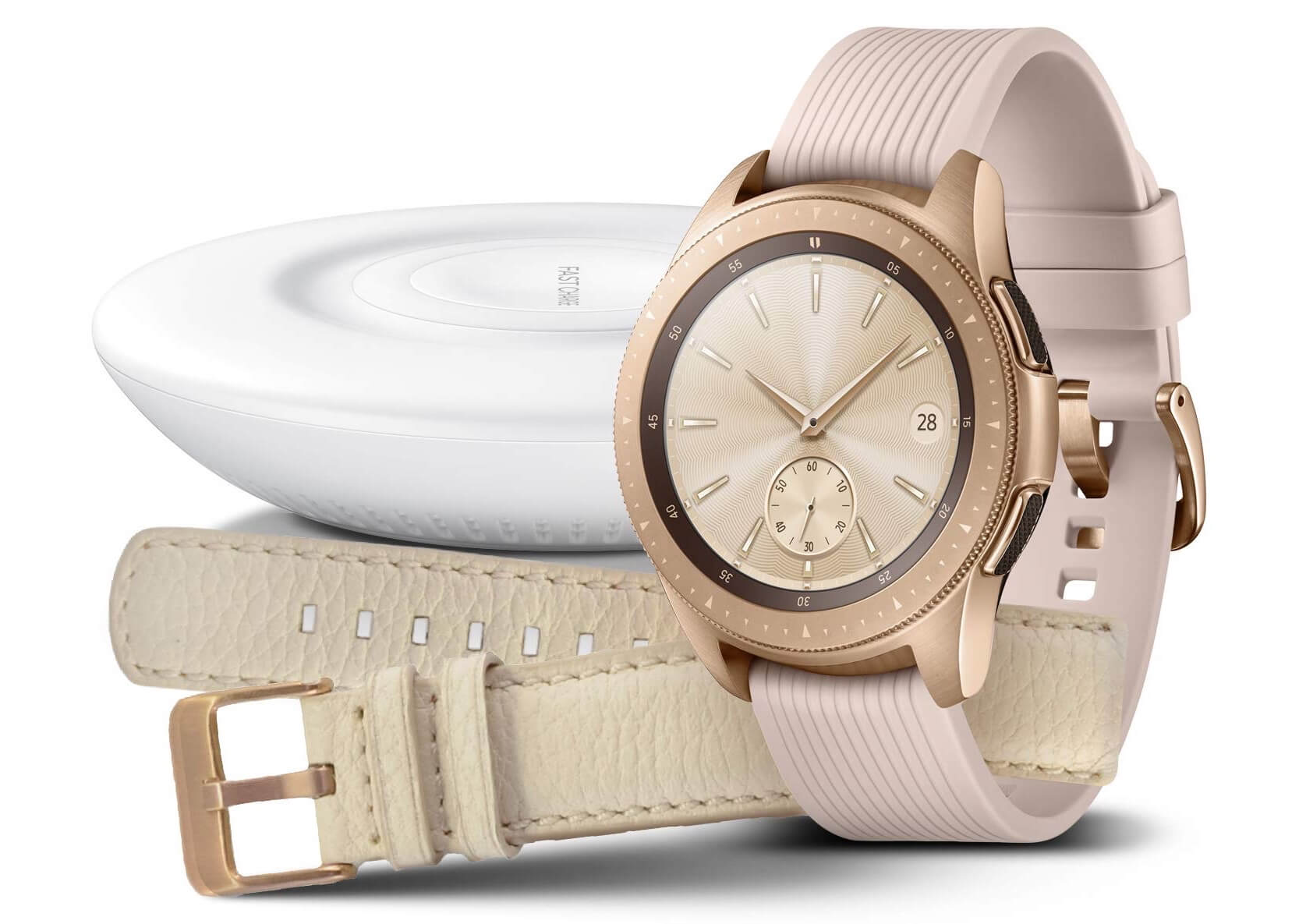 三星Samsung Galaxy Watch 42mm 玫瑰金带无线充电器 真皮表带,到手259欧,原价399欧!特价!