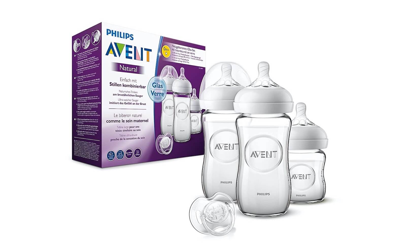 Philips Avent SCD303/01 飞利浦新安怡新生婴儿玻璃奶瓶套装 带3个奶瓶和安慰奶嘴,到手21.99欧,原价39.99欧!特价!