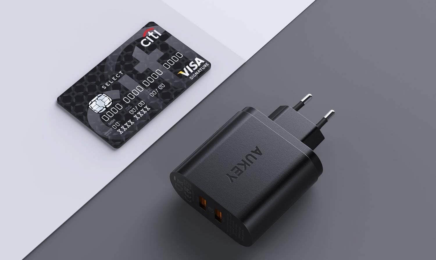 AUKEY 双口 USB充电器 39W 支持PD3.0 适合智能手机平板电脑，到手16.98欧，原价25.99欧！