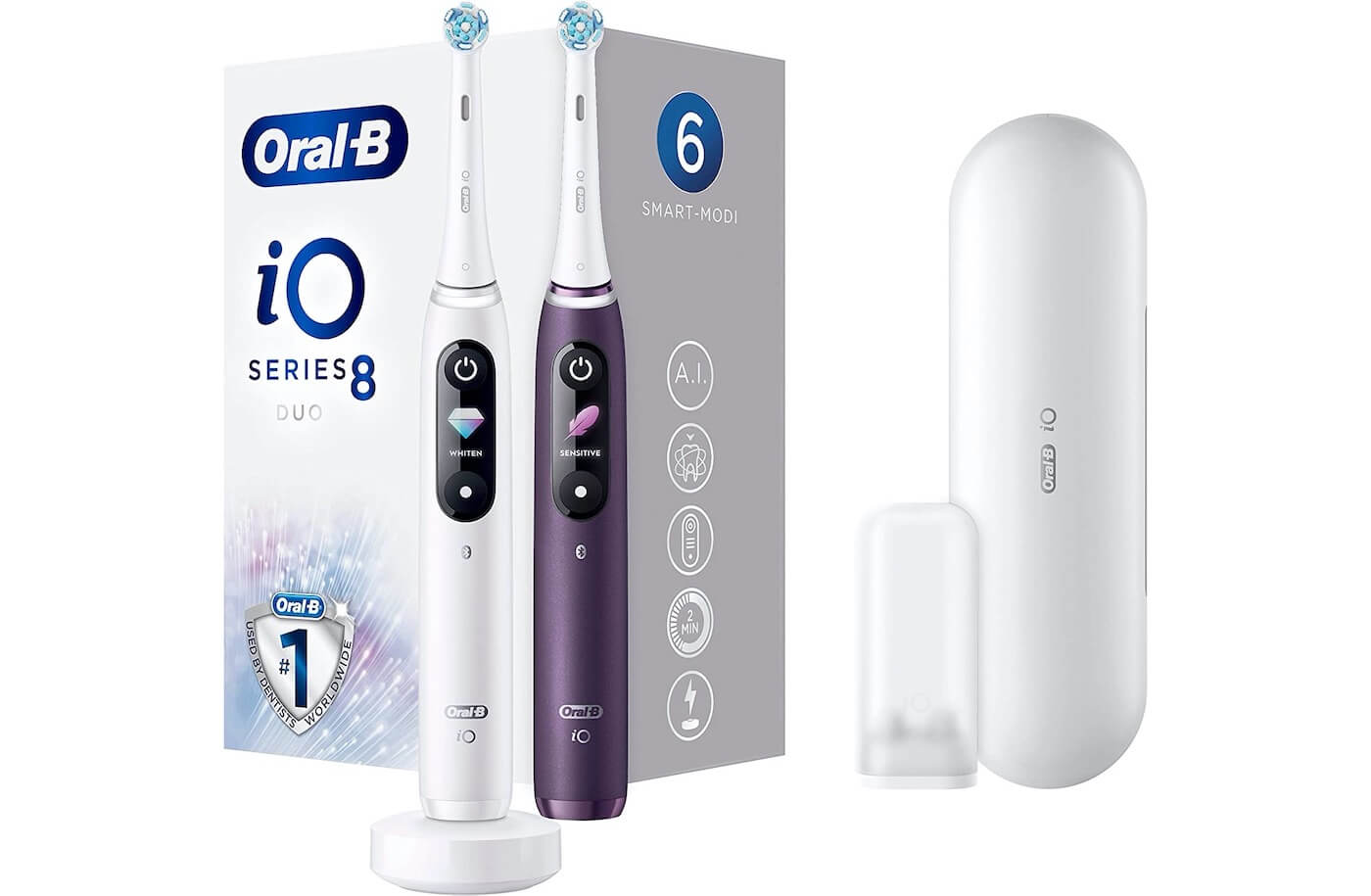 Oral-B iO 8 智能电动牙刷 白色+紫色两只装 6种智能清洁程序 带旅行收纳盒，到手278.2欧，原价459.12欧！