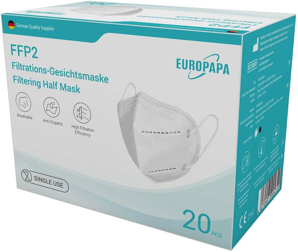 Masques FFP2 Noirs EUROPAPA - Lot De 20 - 5 Couches - Certifiés EN149 - Emballés Individuellement