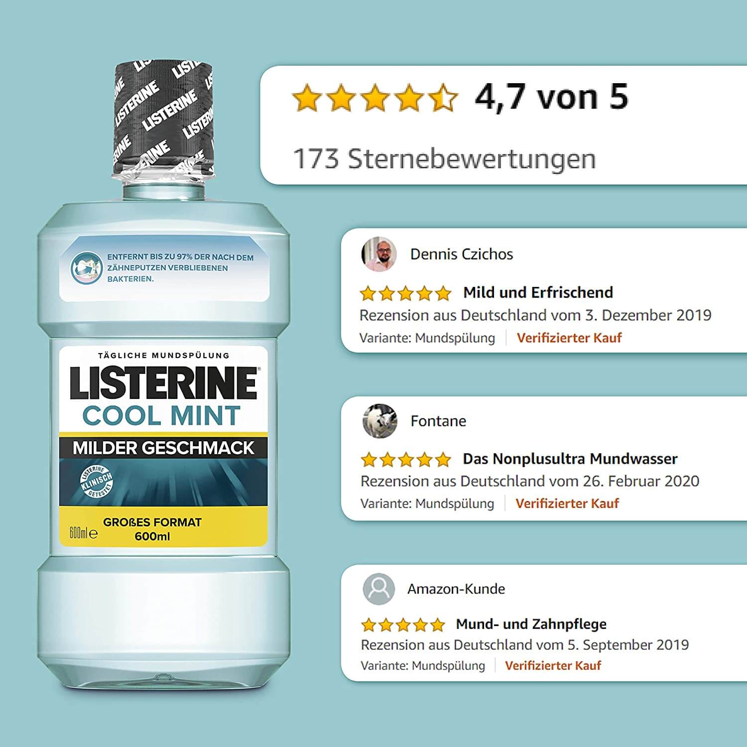 LISTERINE Cool Mint, Milder Geschmack, Antibakterielle Mundspülung ohne