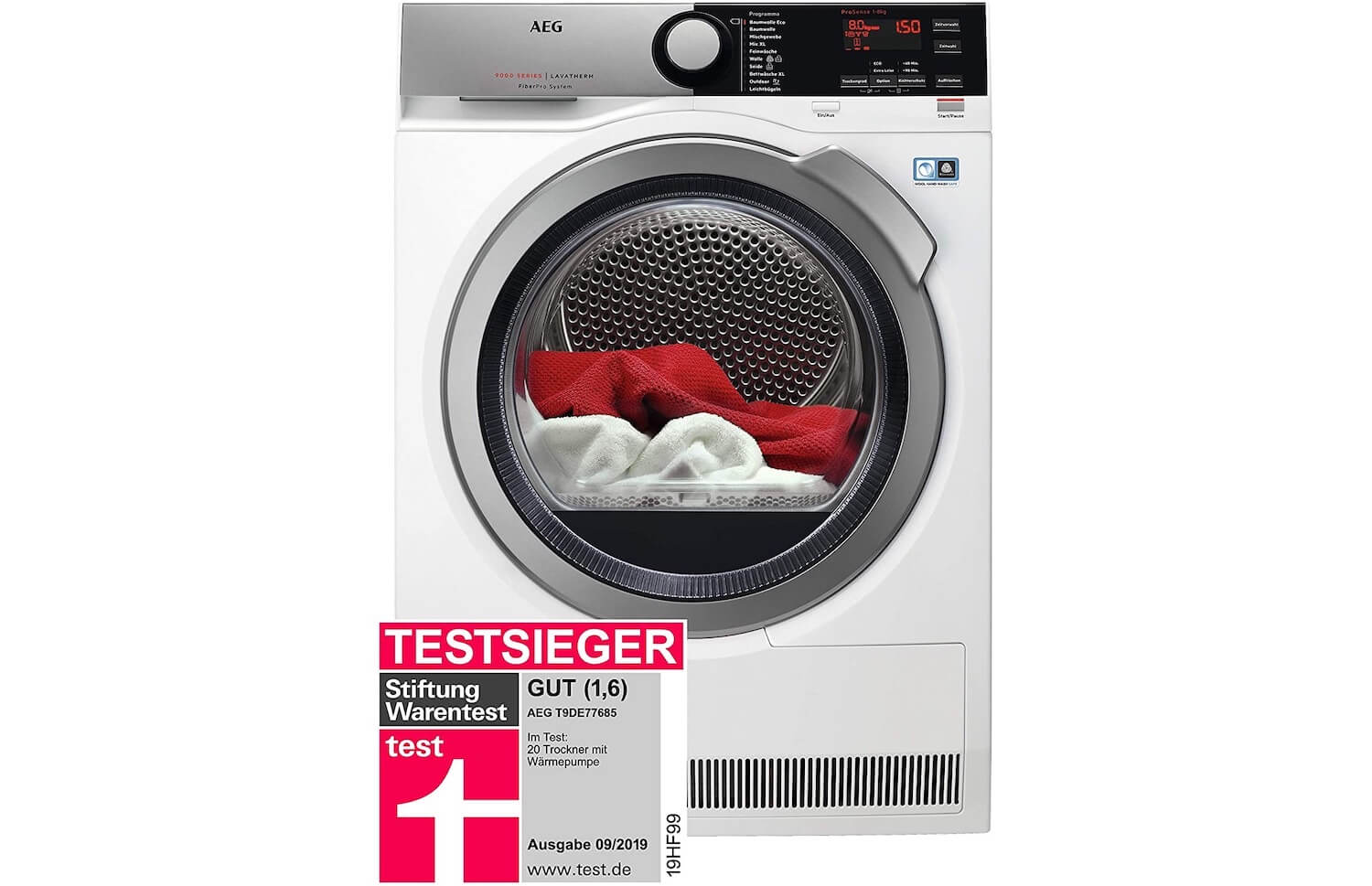 AEG T9DE77685 变频滚筒热泵烘干机 节能静音 全自动 FiberPro技术 8公斤 A+++节能标准,到手593.61欧,原价1,129欧!