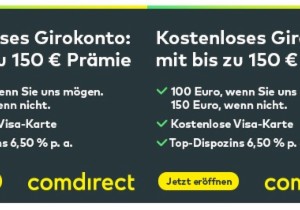 comdirect免费账户,最高可获赠150欧+免费信用卡,可全球免费取款!